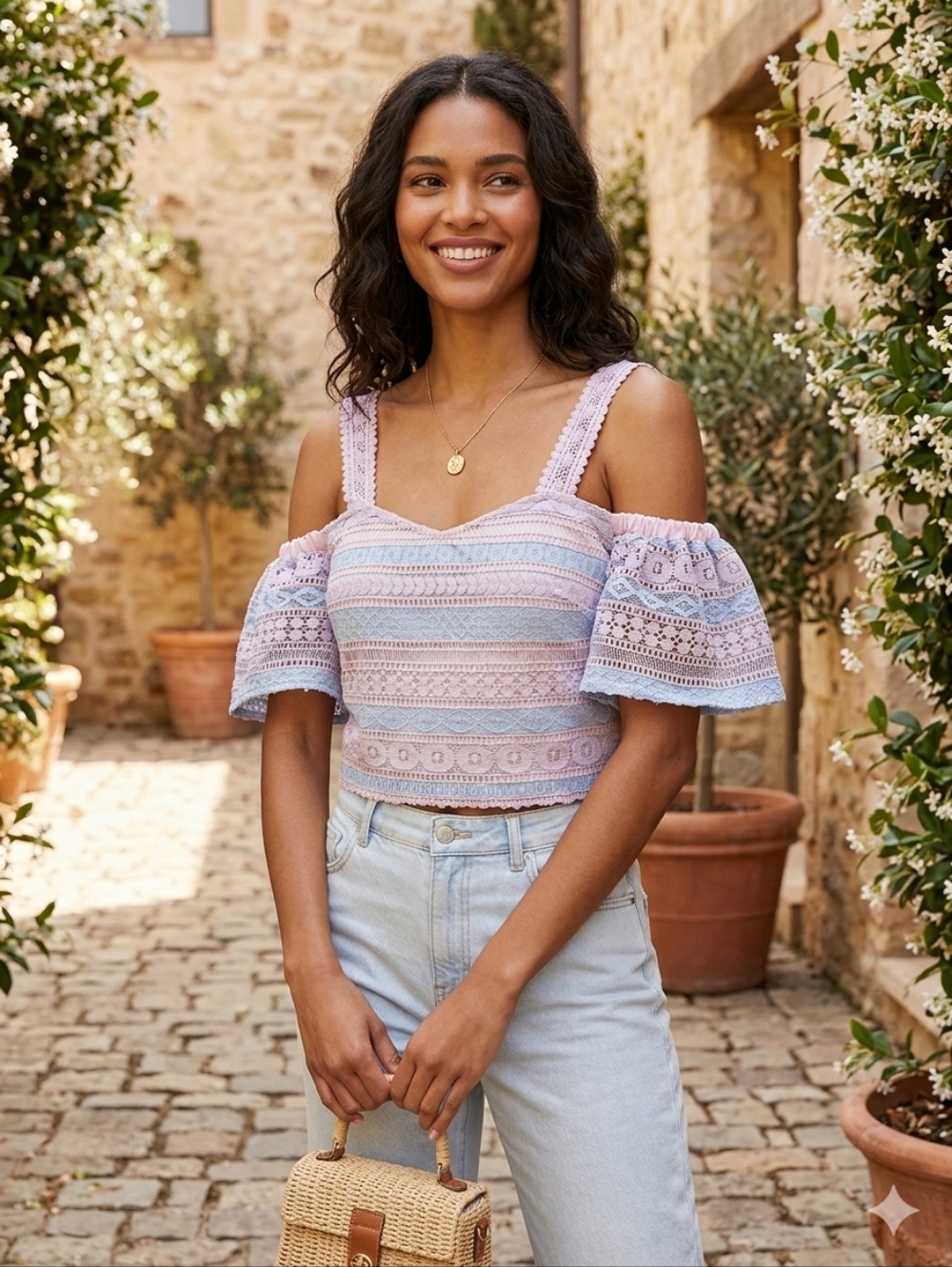 foxiedox Pink & Blue Lace-Trim Puff Sleeve Crop Top
